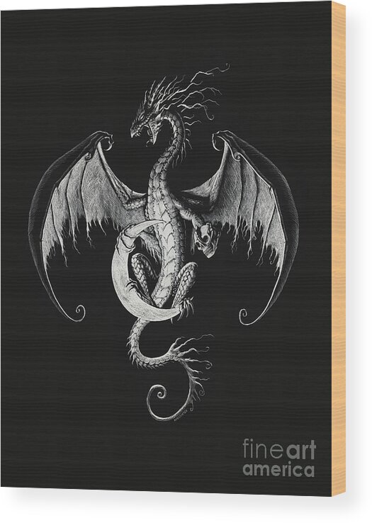 Dragon Wood Print featuring the drawing Crescent Moon Dragon by Stanley Morrison