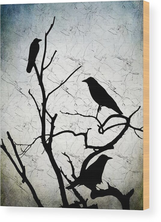 Bird Wood Print featuring the digital art Crow Birds on Tree Bird 91 by Lucie Dumas