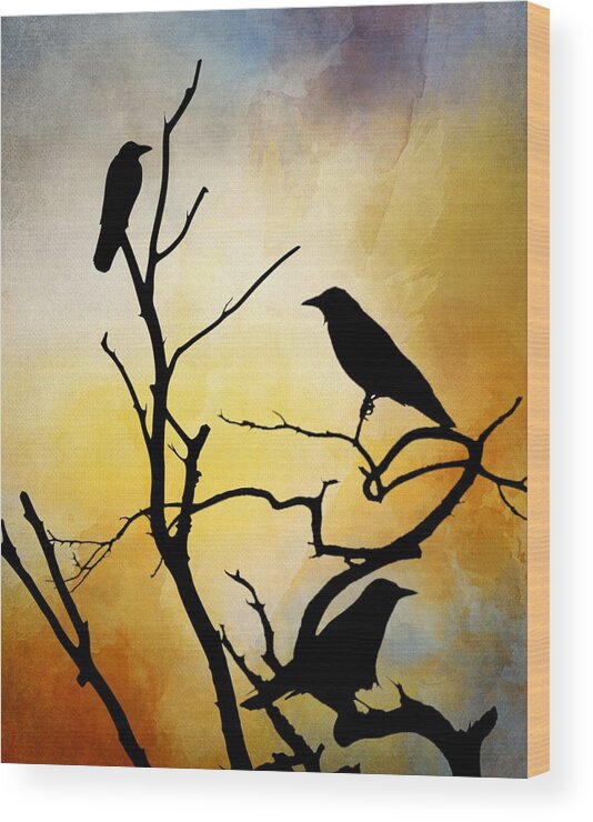 Bird Wood Print featuring the digital art Crow Birds on Tree Bird 95 by Lucie Dumas