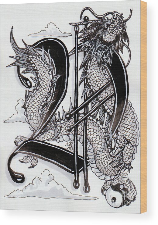 Dragon Wood Print featuring the drawing D is for Dragon by Scarlett Royale