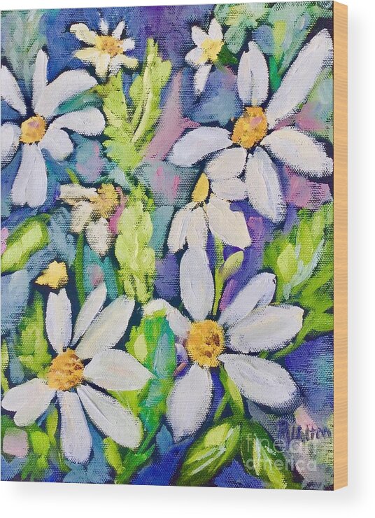 Daisies Sunny Day Field Of Flowers Garden Wood Print featuring the painting Daisies Galore by Patsy Walton