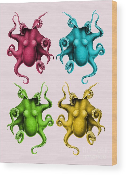 Octopus Wood Print featuring the mixed media Dancing Octopi by Madame Memento