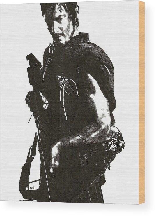 Walking Dead Wood Print featuring the drawing Daryl Dixon by Mark Baranowski