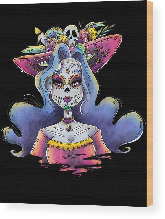 Funny Wood Print featuring the digital art Day Of The Dead La Calavera Catrina by Flippin Sweet Gear