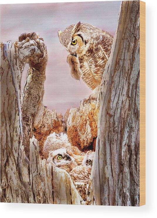 Great Horned Owl Wood Print featuring the photograph Dinner for the Great Horned Owl Family by Judi Dressler