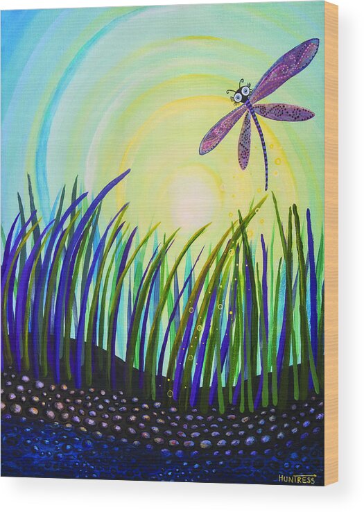 Dragon Fly Wood Print featuring the painting Dragonfly at the Bay III by Mindy Huntress
