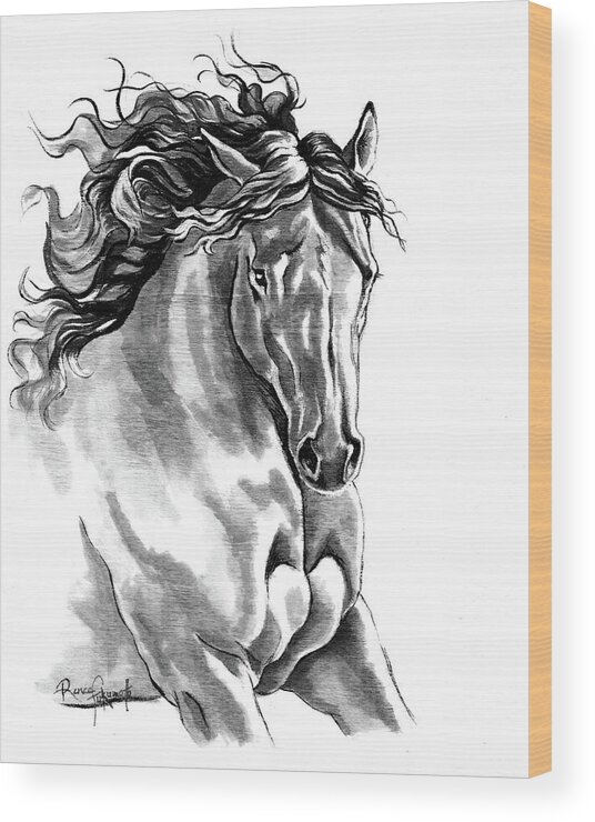 Black And White Horse Art Wood Print featuring the painting Dreamer Galloping Black Ink Horse by Renee Forth-Fukumoto