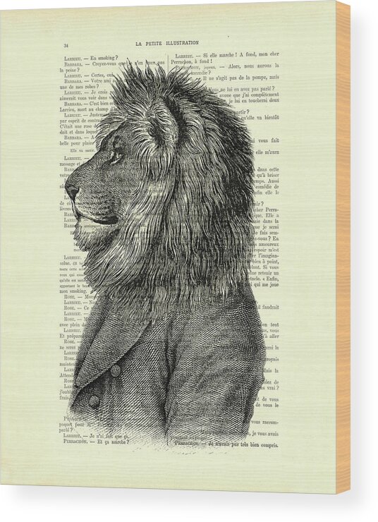 Lion Wood Print featuring the digital art Dressed up lion, wildlife animal portrait by Madame Memento