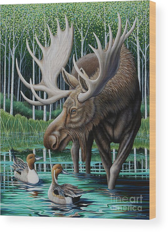 Moose Wood Print featuring the painting Duck Duck Moose by Tish Wynne