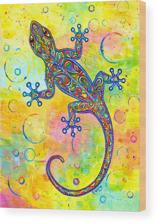 Gecko Wood Print featuring the painting Electric Gecko by Rebecca Wang