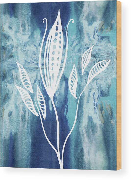 Floral Pattern Wood Print featuring the painting Elegant Pattern With Leaves In Teal Blue Watercolor I by Irina Sztukowski