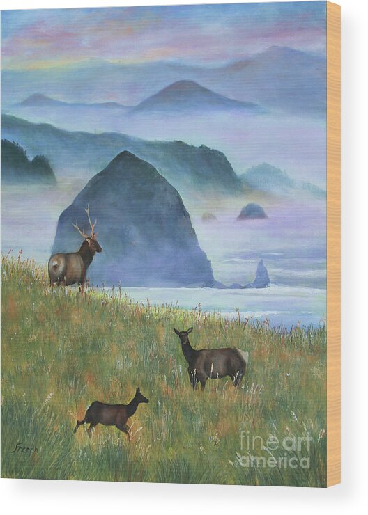 Sea Wood Print featuring the painting Elk and Haystack Rock by Jeanette French