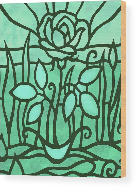 Rose Wood Print featuring the painting Emerald Green Rose Garden Flower Stained Glass Tiffany Style Mosaic by Irina Sztukowski