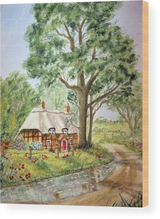 Cottage Wood Print featuring the painting English Thatched Roof Cottage by Kelly Mills
