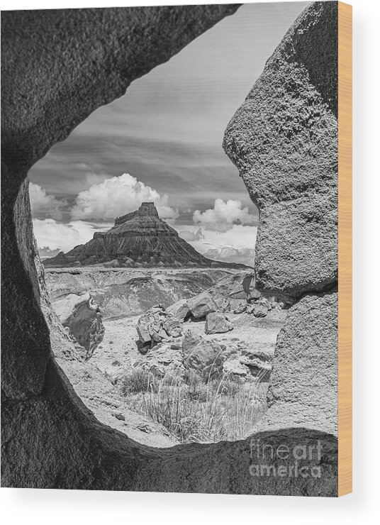 Factory Butte Wood Print featuring the photograph Factory Butte in black and white by Henk Meijer Photography