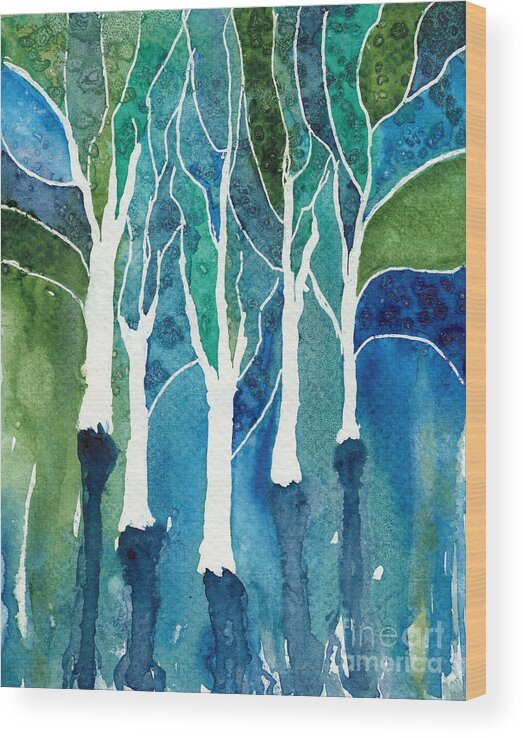 Abstract Forest Wood Print featuring the painting Fantasy Forest in Watercolor by Conni Schaftenaar