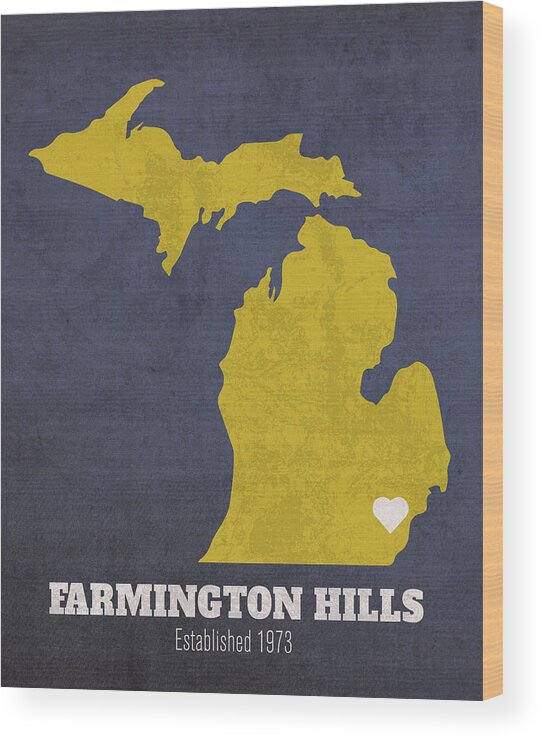 Farmington Hills Wood Print featuring the mixed media Farmington Hills Michigan City Map Founded 1973 University of Michigan Color Palette by Design Turnpike