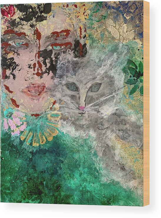 Girl Wood Print featuring the painting Feline Friend by Leslie Porter