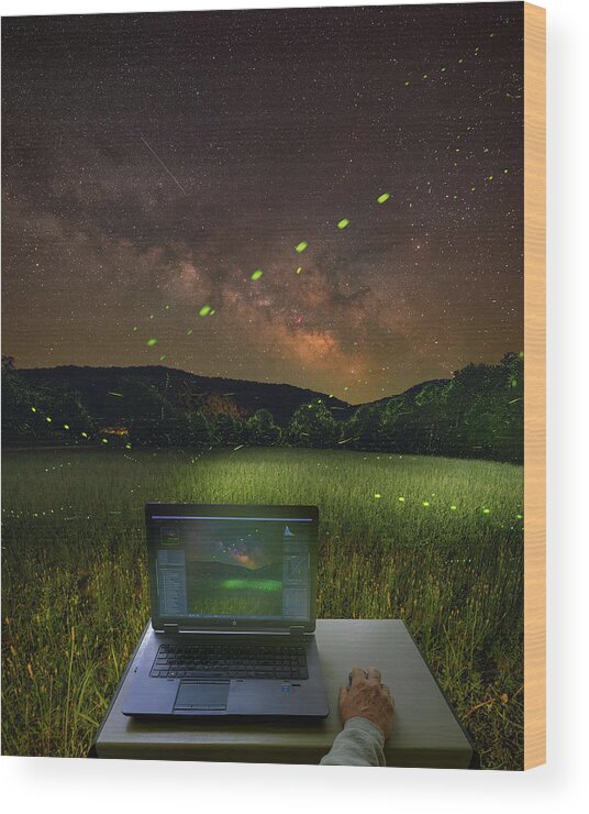 Milky Way Wood Print featuring the photograph Fireflies at Lost Valley by Hal Mitzenmacher