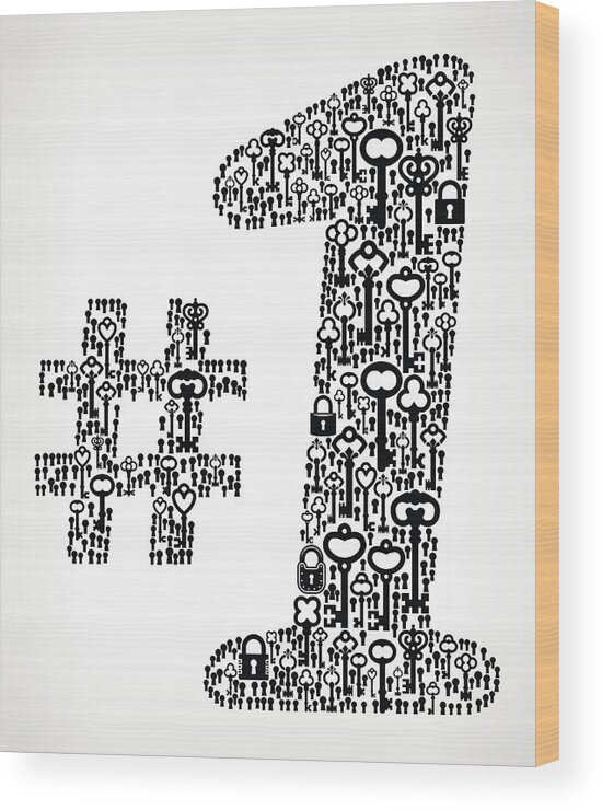 Security Wood Print featuring the drawing First Place Antique Keys Black and White Vector Pattern by Bubaone