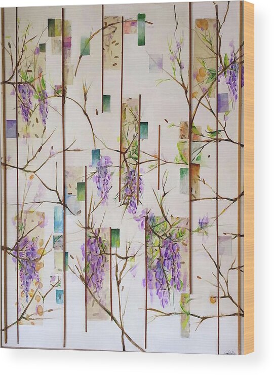 Wisteria Wood Print featuring the painting Flowering wisteria by Carolina Prieto Moreno