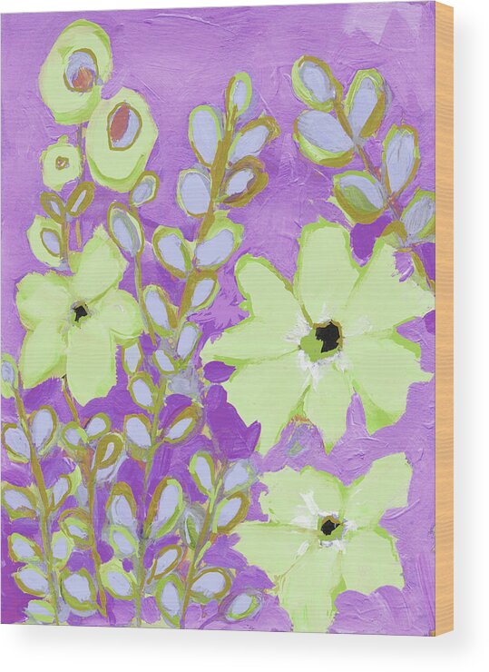 Flowers And Foliage Wood Print featuring the painting Flowers and Foliage Abstract Flowers Green and Purple by Patricia Awapara