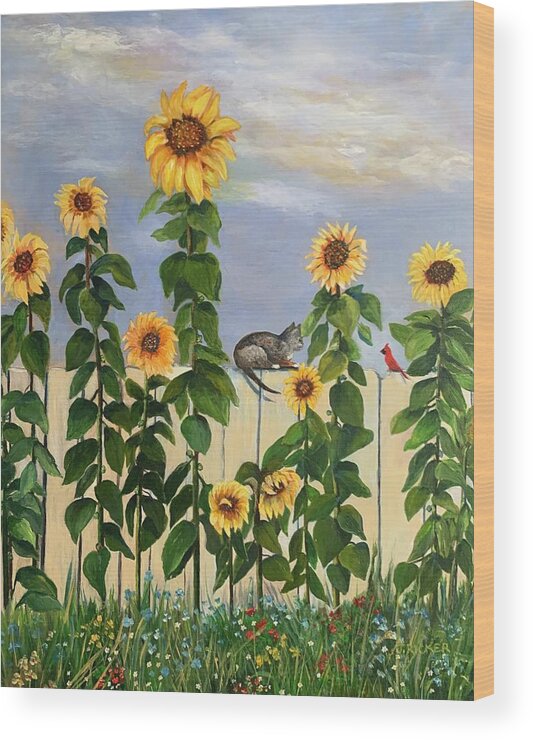 Sunflowers Wood Print featuring the painting Flowers and Friends by Jane Ricker