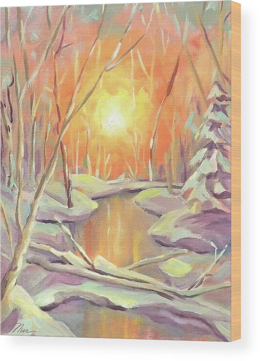 Winter Wood Print featuring the painting Forest Sunrise Oil Sketch by Nancy Griswold