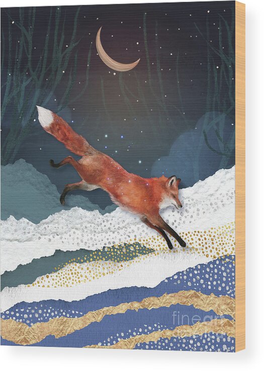 Fox And Moon Wood Print featuring the painting Fox And Moon by Garden Of Delights
