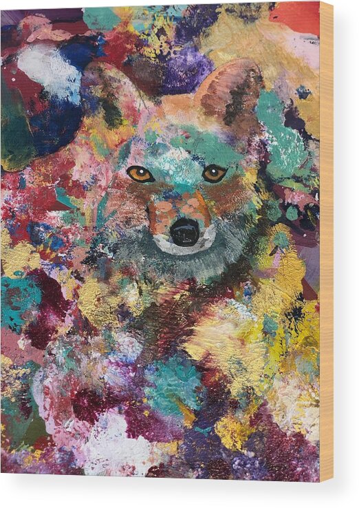 The Spirit Of Fox Emerges In An Acrylic Entrance From Spirit Wood Print featuring the painting Fox Spirit Emerges by Joie Goodkin