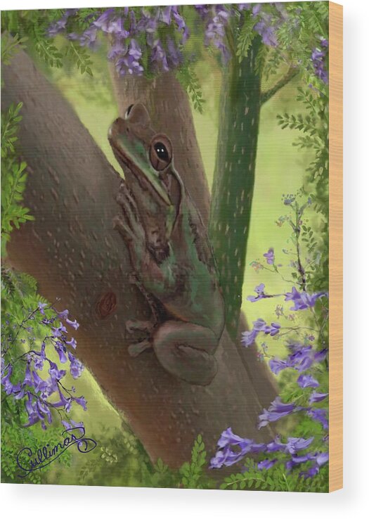 Tree Wood Print featuring the digital art Frog in the Jacaranda Tree by Marilyn Cullingford