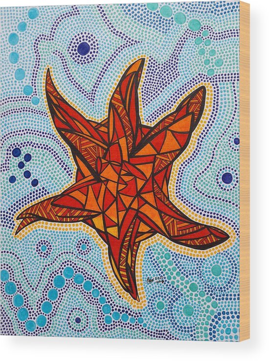 Starfish Wood Print featuring the drawing Funky Starfish by Peter Johnstone