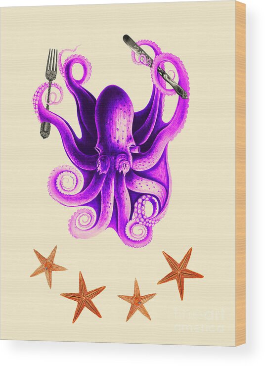 Octopus Wood Print featuring the digital art Funny Octopus Cook by Madame Memento