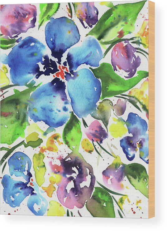 Abstract Flowers Wood Print featuring the painting Garden With Bright Splash Of Flowers Watercolor III by Irina Sztukowski