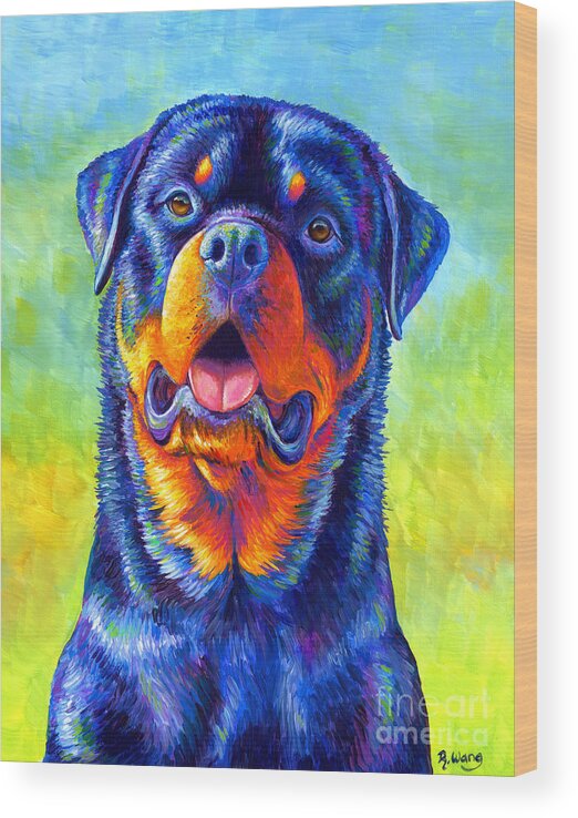 Rottweiler Wood Print featuring the painting Gentle Guardian Colorful Rottweiler Dog by Rebecca Wang