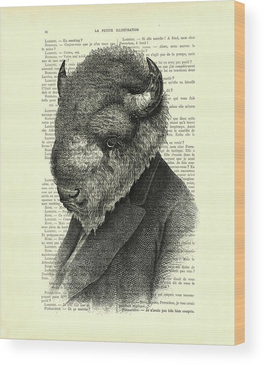Buffalo Wood Print featuring the digital art Gentleman buffalo in black and white by Madame Memento