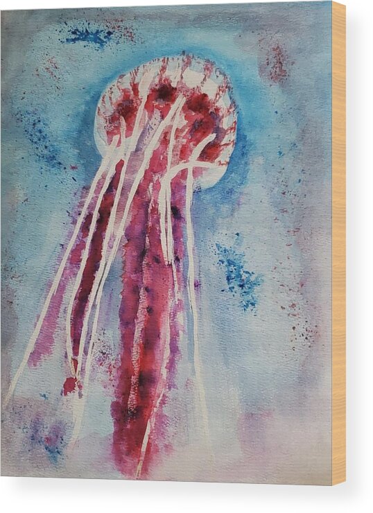 Abstract Aquatic Wood Print featuring the painting Giant Jellyfish Floating Along by Stacie Siemsen