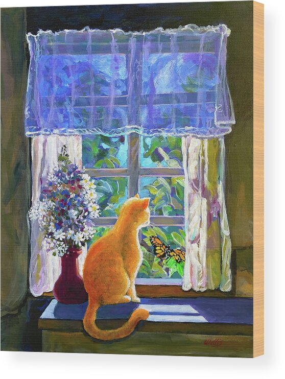 Cat Wood Print featuring the painting Ginger And The Monarch by Charles Wallis