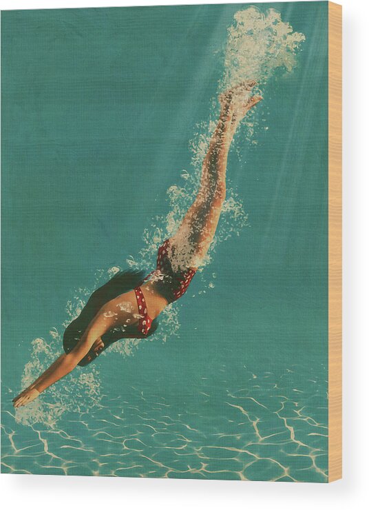 Sky Wood Print featuring the digital art Girl Diving Into Water by Jan Keteleer
