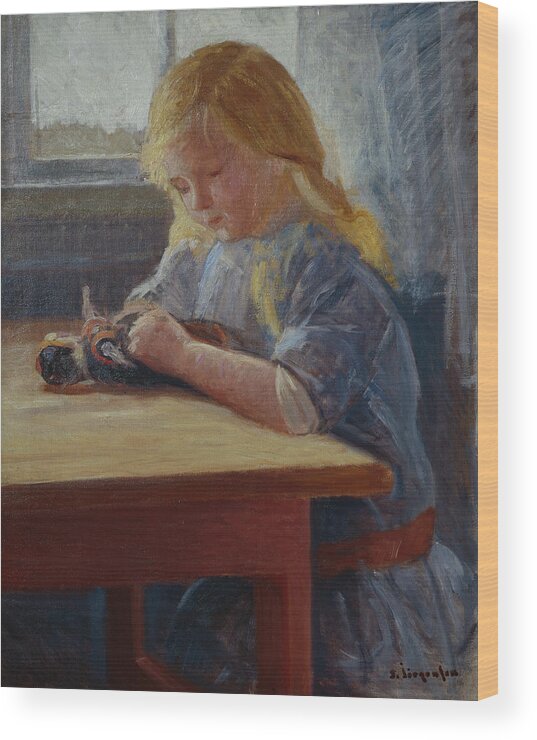 Sven Jorgensen Wood Print featuring the painting Girl playing with a doll, 1914 by O Vaering by Sven Jorgensen