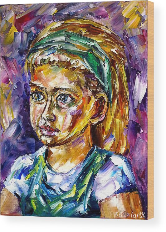 Girl Portrait Wood Print featuring the painting Girl With A Green Hair Band by Mirek Kuzniar