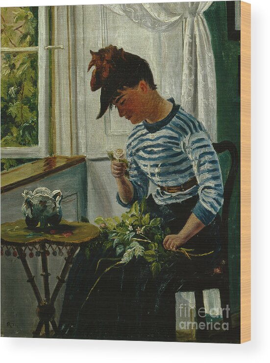 Christian Krohg Wood Print featuring the painting Girl with flowers, 1876 by O Vaering by Christian Krohg
