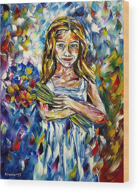 Young Girl Wood Print featuring the painting Girl With Flowers by Mirek Kuzniar