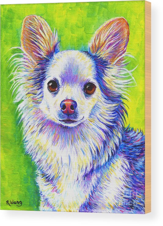 Chihuahua Wood Print featuring the painting Colorful Cute Longhaired Chihuahua Dog by Rebecca Wang