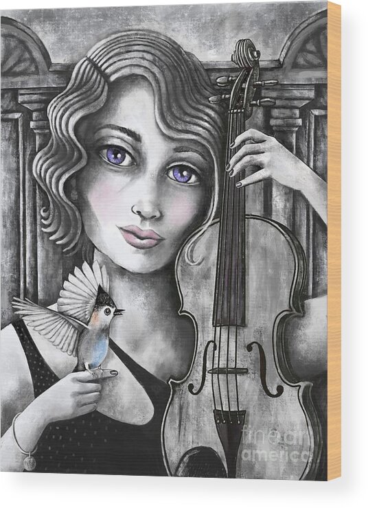 Black And White Wood Print featuring the digital art Grandmas Violin by Valerie White