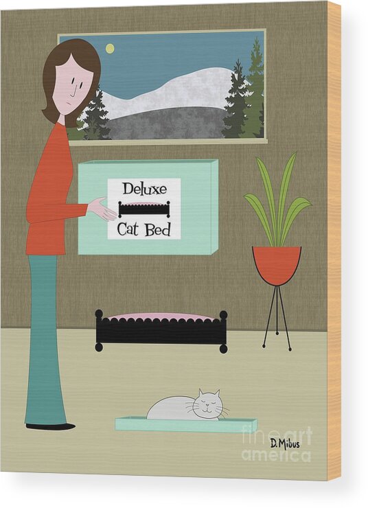 Mid Century Cat Wood Print featuring the digital art Gray Cat Prefers Box Lid by Donna Mibus