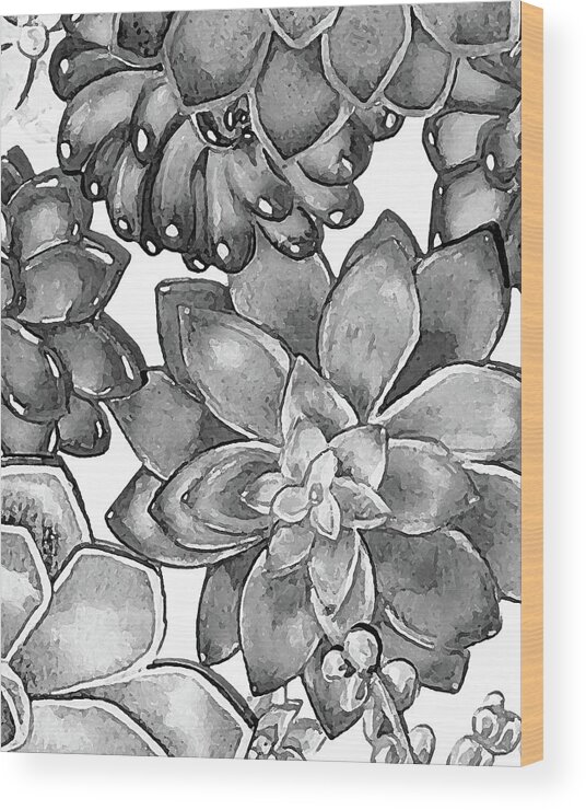 Succulent Wood Print featuring the painting Gray Monochrome Succulent Plants Garden Watercolor Art Decor IV by Irina Sztukowski