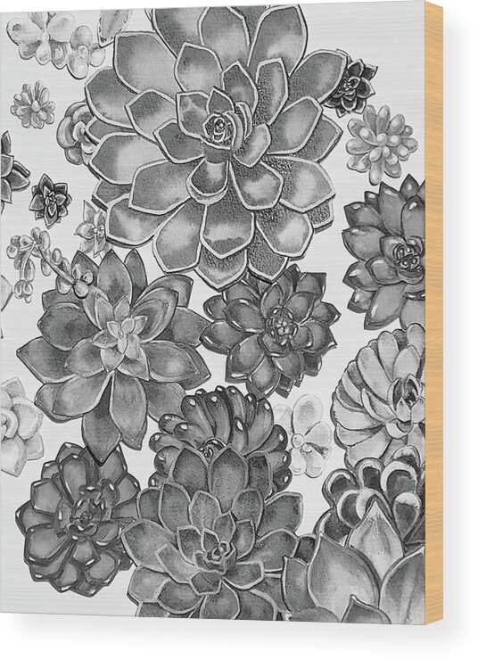 Succulent Wood Print featuring the painting Gray Monochrome Succulent Plants Garden Watercolor Art Decor X by Irina Sztukowski