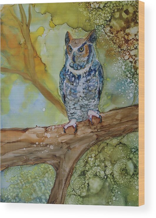 Owl Wood Print featuring the painting Great Horned Owl by Ruth Kamenev