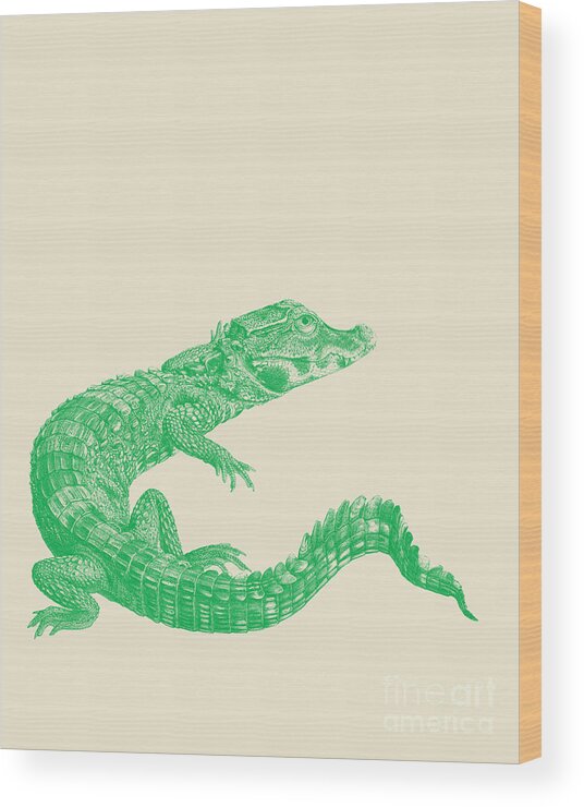 Crocodile Wood Print featuring the digital art Green Crocodile by Madame Memento